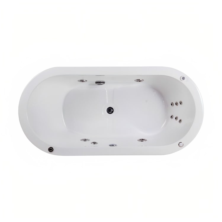 Bañera freestanding con hidromasaje para espacios pequeños. Diseño ovalado, jets terapéuticos, faldón perimetral. ¡Elige tu color ideal y relájate!