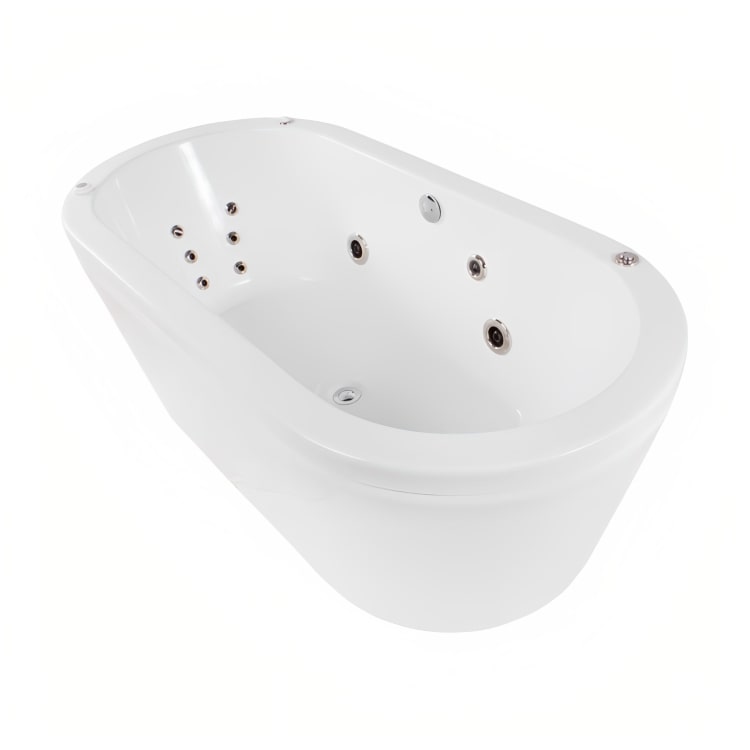 Bañera freestanding con hidromasaje para espacios pequeños. Diseño ovalado, jets terapéuticos, faldón perimetral. ¡Elige tu color ideal y relájate!