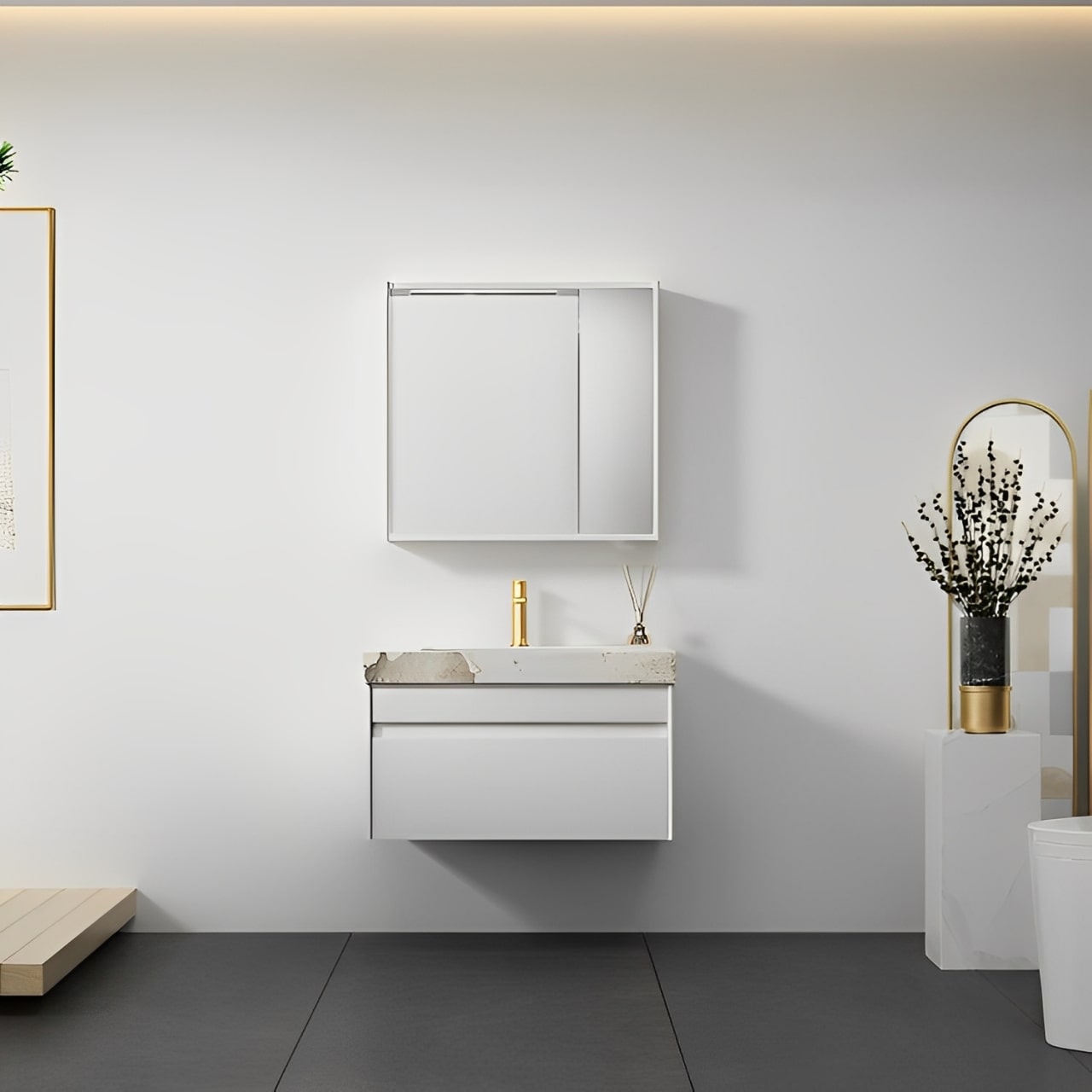 Mueble de baño Michelangelo en blanco mate con encimera de piedra sinterizada y cajón de cierre suave. Materiales premium, estilo arquitectónico y certificaciones internacionales.
SKU: WS810798-80