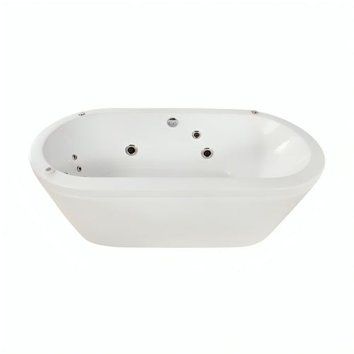 Bañera freestanding con hidromasaje para espacios pequeños. Diseño ovalado, jets terapéuticos, faldón perimetral. ¡Elige tu color ideal y relájate!