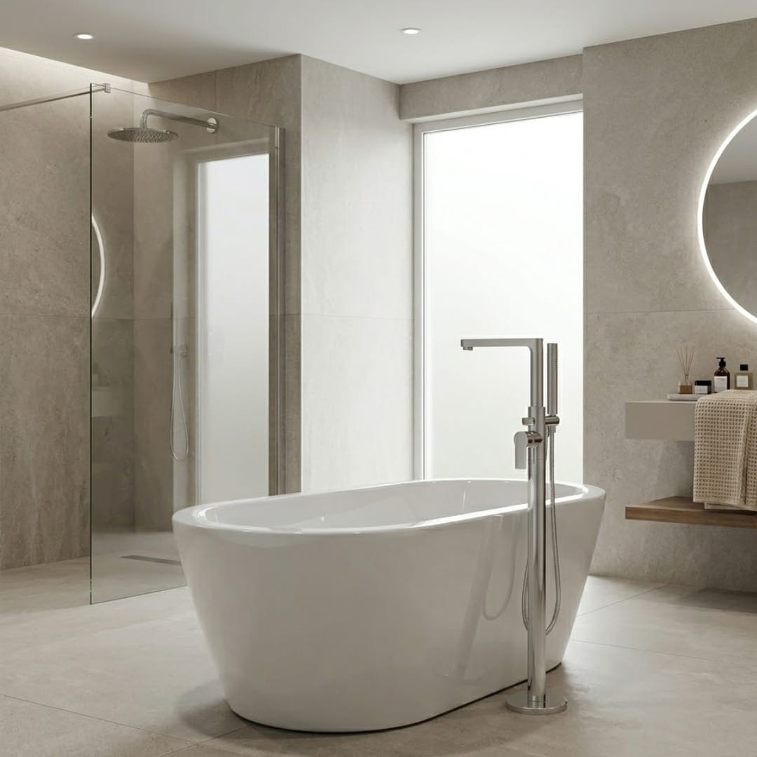 Bañera individual freestanding sin hidromasaje. Diseño minimalista con faldón perimetral. Disponible en Todo Para tu Baño. Solicita instalación. 