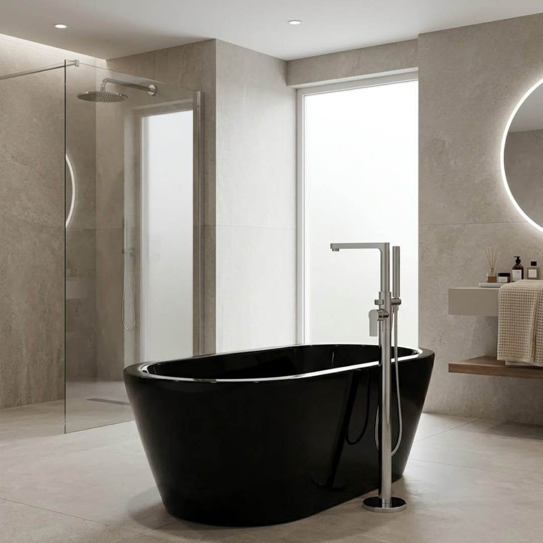 Bañera individual freestanding sin hidromasaje. Diseño minimalista con faldón perimetral. Disponible en Todo Para tu Baño. Solicita instalación. 