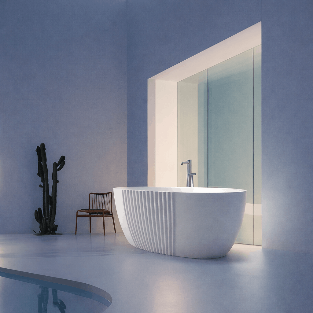 Bañera freestanding Madeira como pieza central de baño moderno en acrílico blanco