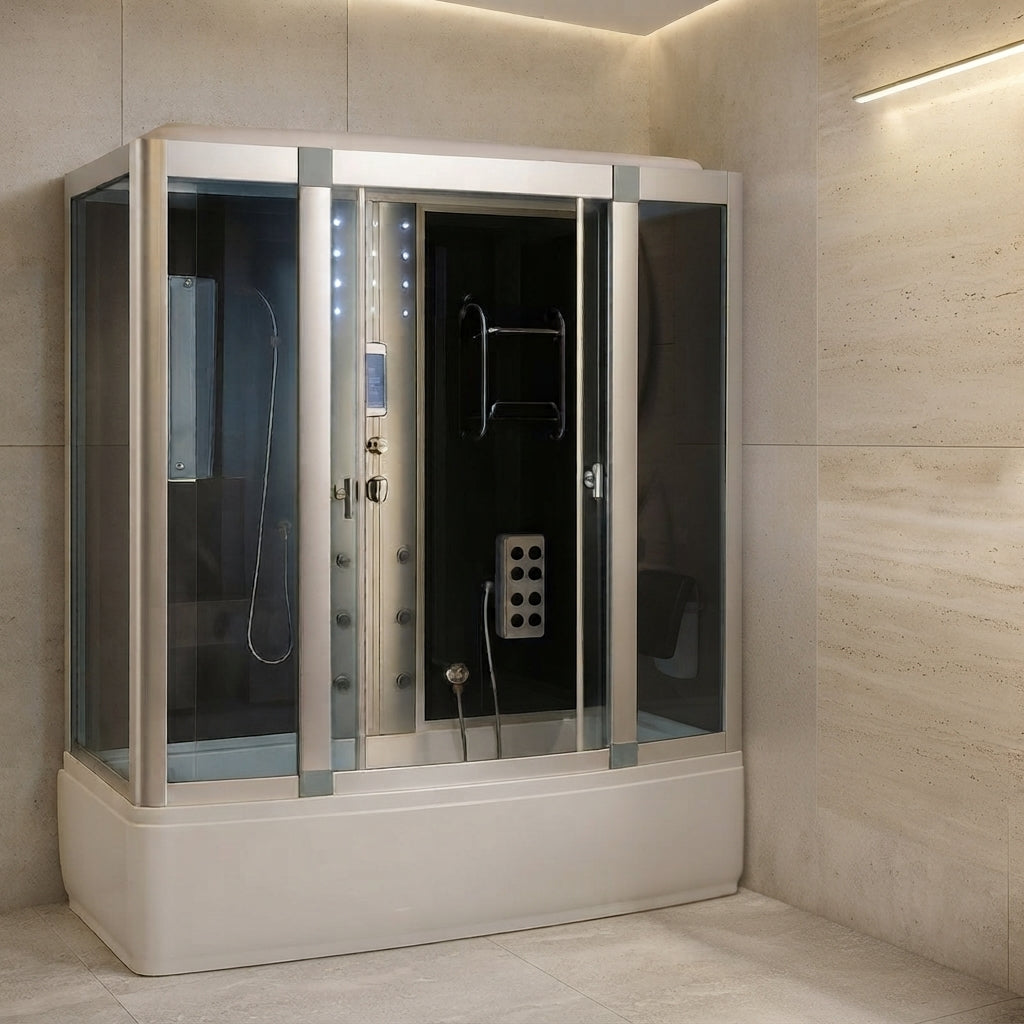 Descubre la cabina de ducha Elbrus con vapor, hidromasaje y tina para 2 personas. Eleva el confort de tus proyectos con la máxima autoridad en wellness en México.