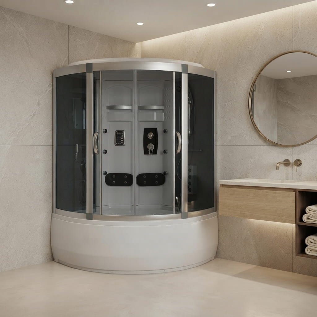 Descubre la cabina de ducha Milos de 1.5x1.5m con tina de hidromasaje, vapor y reflexoterapia para 2 personas. Eleva el lujo de tus proyectos con la máxima autoridad en wellness en México.