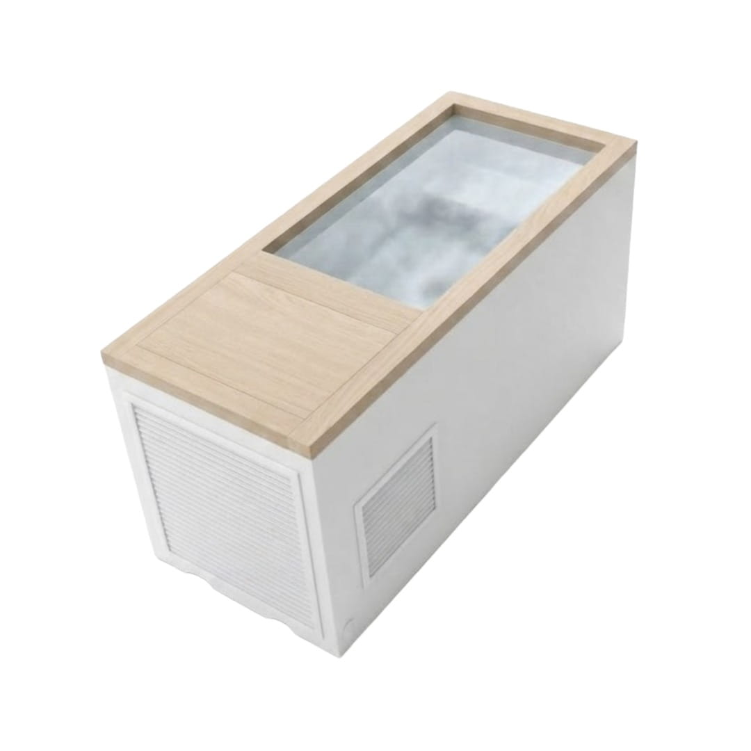 Lleva tu recuperación al nivel comercial con Cold Box Pro. Tina de inmersión en frío con mueble integrado, agua a 3°C, purificación por ozono y conexión 110v.