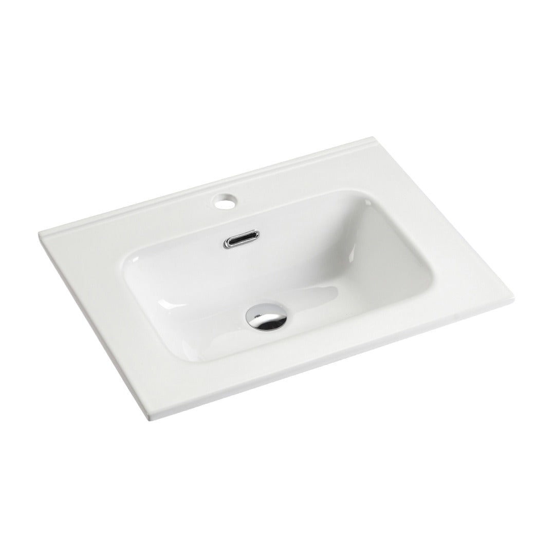 Lavabo rectangular Albano sobre cubierta. Cerámica premium, blanco brillante y diseño moderno para baños de lujo. Resistente, elegante y fácil de limpiar.