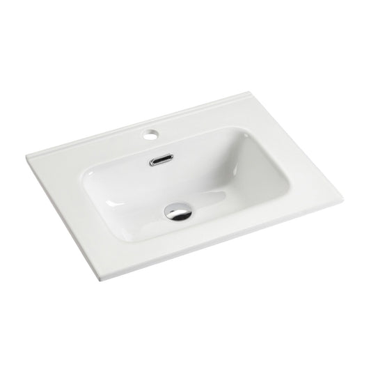 Lavabo rectangular Albano sobre cubierta. Cerámica premium, blanco brillante y diseño moderno para baños de lujo. Resistente, elegante y fácil de limpiar.