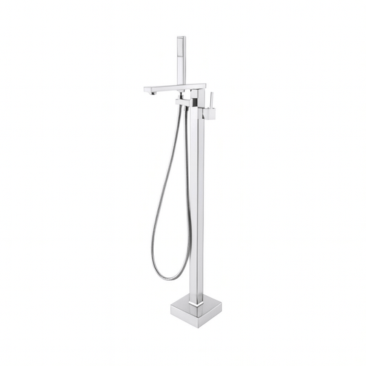 Llave de pedestal Tiber en cromo o negro mate. Diseño geométrico premium, latón de alta resistencia y cartucho cerámico. Ideal para baños modernos de lujo.