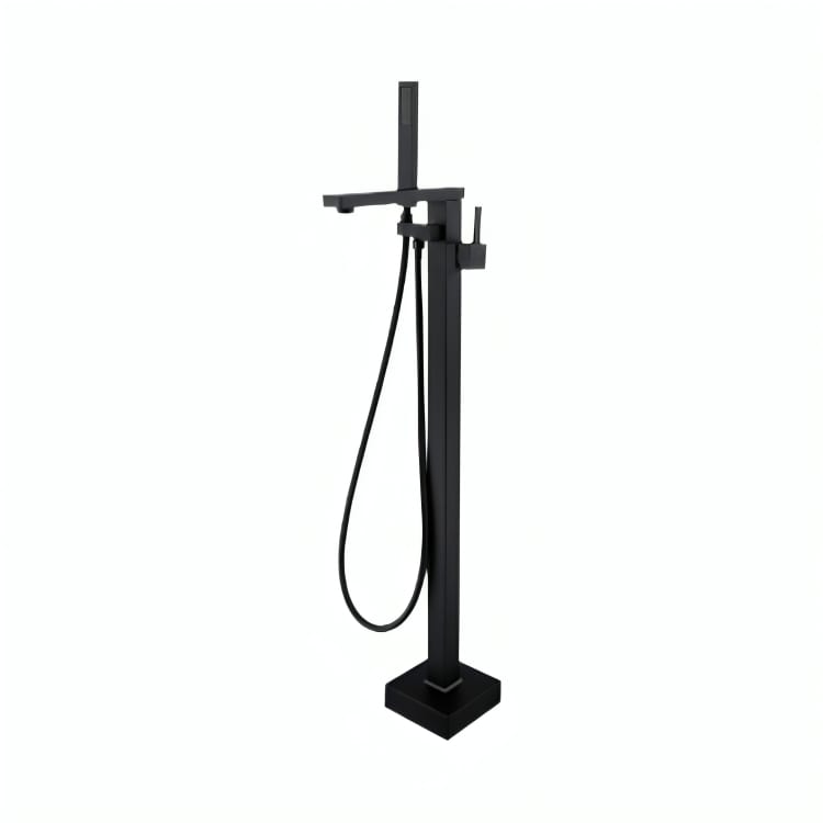 Llave de pedestal Tiber en cromo o negro mate. Diseño geométrico premium, latón de alta resistencia y cartucho cerámico. Ideal para baños modernos de lujo.