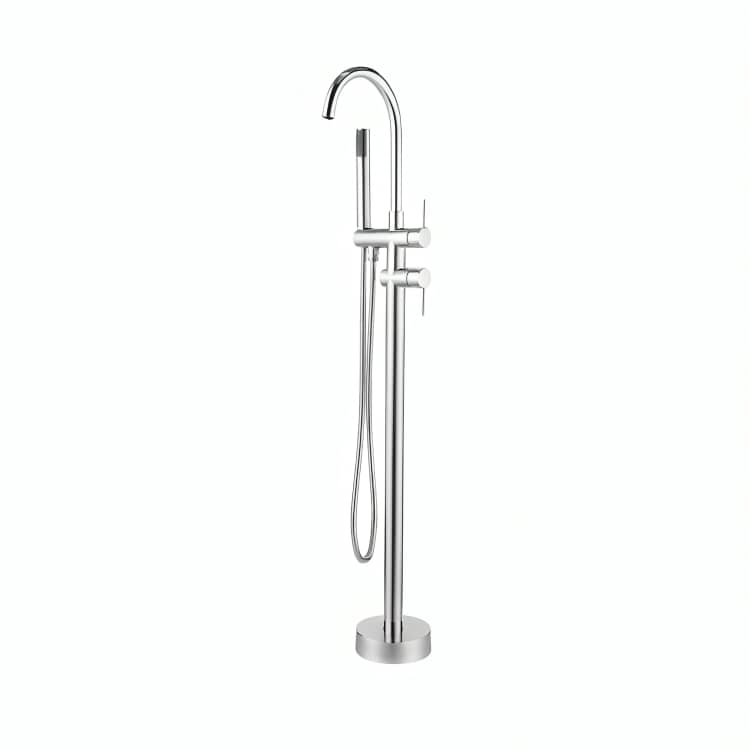 Llave de pedestal Volga en cromo o negro mate. Diseño premium, latón de alta resistencia, ducha de mano y cartucho cerámico. Elegancia y funcionalidad para baños de lujo.