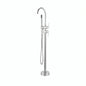 Llave de pedestal Volga en cromo o negro mate. Diseño premium, latón de alta resistencia, ducha de mano y cartucho cerámico. Elegancia y funcionalidad para baños de lujo.