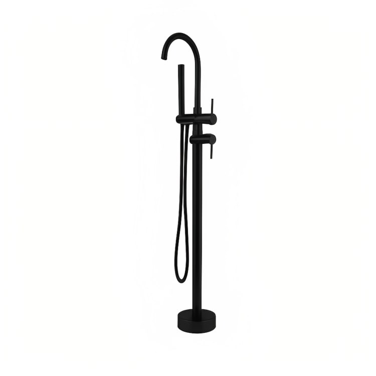 Llave de pedestal Volga en cromo o negro mate. Diseño premium, latón de alta resistencia, ducha de mano y cartucho cerámico. Elegancia y funcionalidad para baños de lujo.