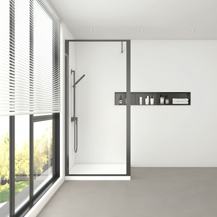 Mampara de ducha Múnich con diseño walk-in. Vidrio templado de 8 mm, marco de aluminio y acabados premium. Accesibilidad y elegancia para cualquier baño.

SKU: F005-1+F12P2