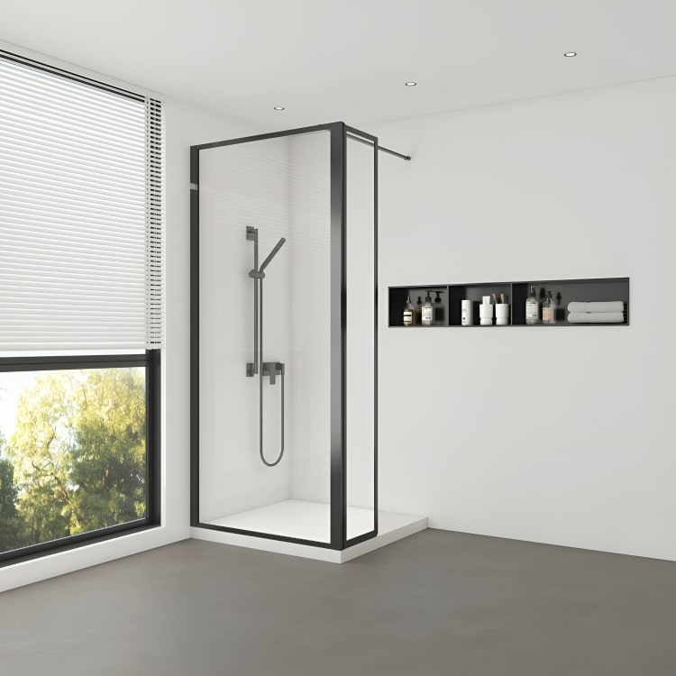 Mampara de ducha Múnich con diseño walk-in. Vidrio templado de 8 mm, marco de aluminio y acabados premium. Accesibilidad y elegancia para cualquier baño.

SKU: F005-1+F12P2