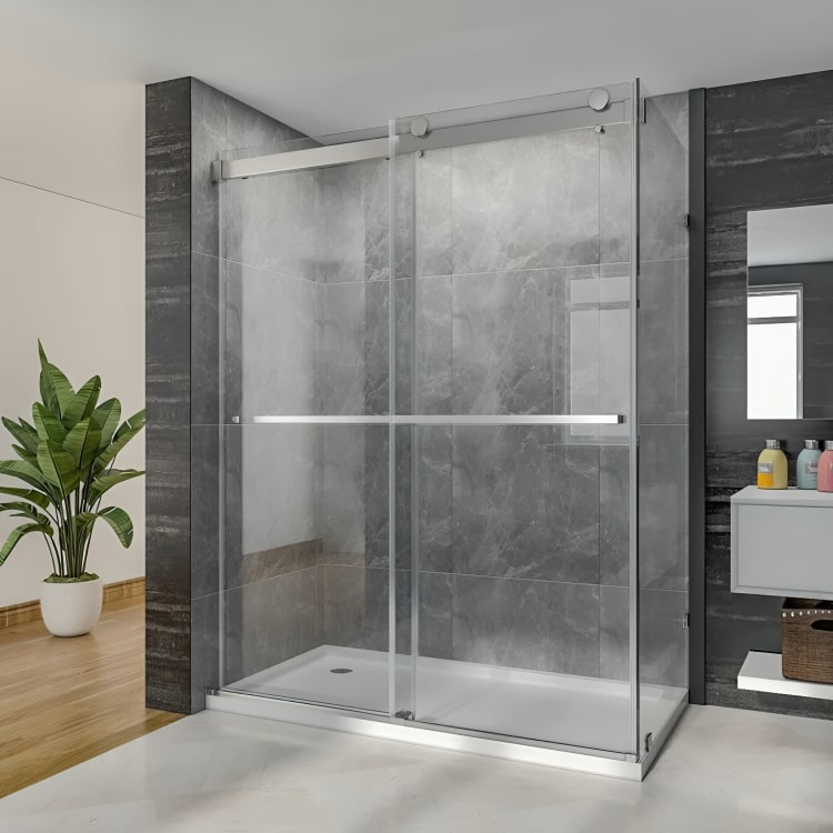 Puerta de ducha Praga sin marco, con vidrio templado de 8 mm y riel guía de aluminio. Sistema de puertas corredizas dobles, poleas silenciosas y nanovidrio anti-manchas.

SKU: BP42P2