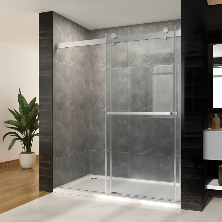 Puerta de ducha Praga sin marco, con vidrio templado de 8 mm y riel guía de aluminio. Sistema de puertas corredizas dobles, poleas silenciosas y nanovidrio anti-manchas.

SKU: BP42P2