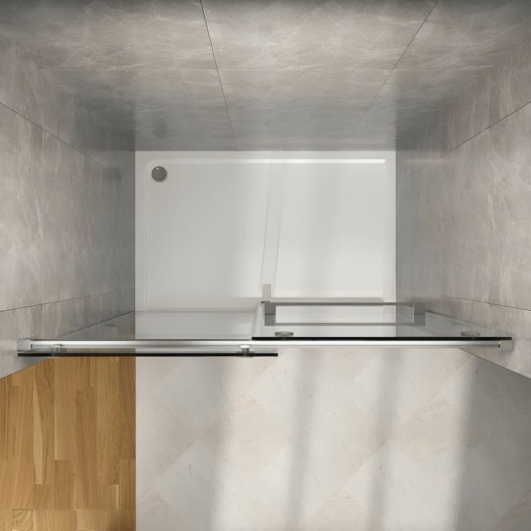 Puerta de ducha Praga sin marco, con vidrio templado de 8 mm y riel guía de aluminio. Sistema de puertas corredizas dobles, poleas silenciosas y nanovidrio anti-manchas.

SKU: BP42P2