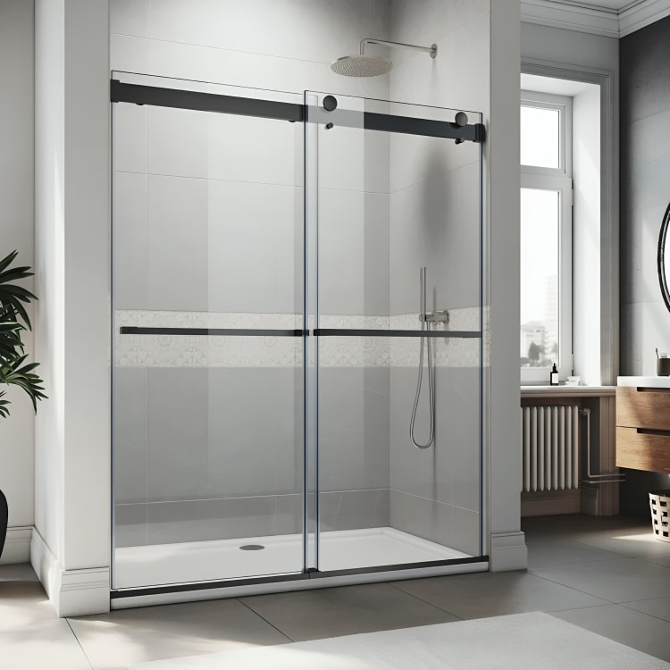 Puerta de ducha Praga sin marco, con vidrio templado de 8 mm y riel guía de aluminio. Sistema de puertas corredizas dobles, poleas silenciosas y nanovidrio anti-manchas.

SKU: BP42P2