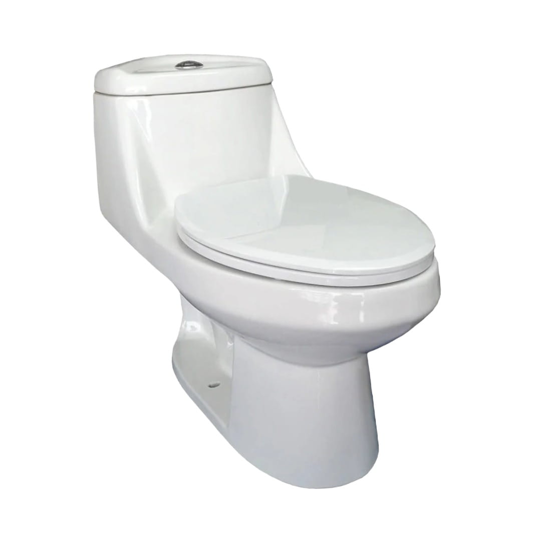 Sanitario One Piece Alexandra con doble descarga a gravedad. Disponible en blanco, negro y marfil. Diseño imponente, eficiente y elegante para baños modernos.