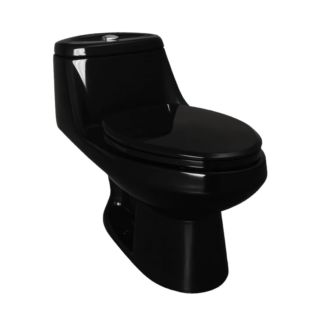 Sanitario One Piece Alexandra con doble descarga a gravedad. Disponible en blanco, negro y marfil. Diseño imponente, eficiente y elegante para baños modernos.