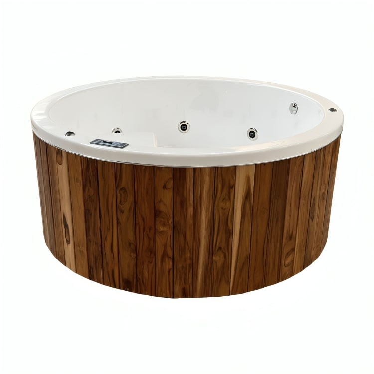 Spa Neptuno, redondo de lujo con 8 jets, gabinete teca, luz interior y tablero LED. Ideal para exteriores. ¡Adquiérelo con Todo Para tu Baño!