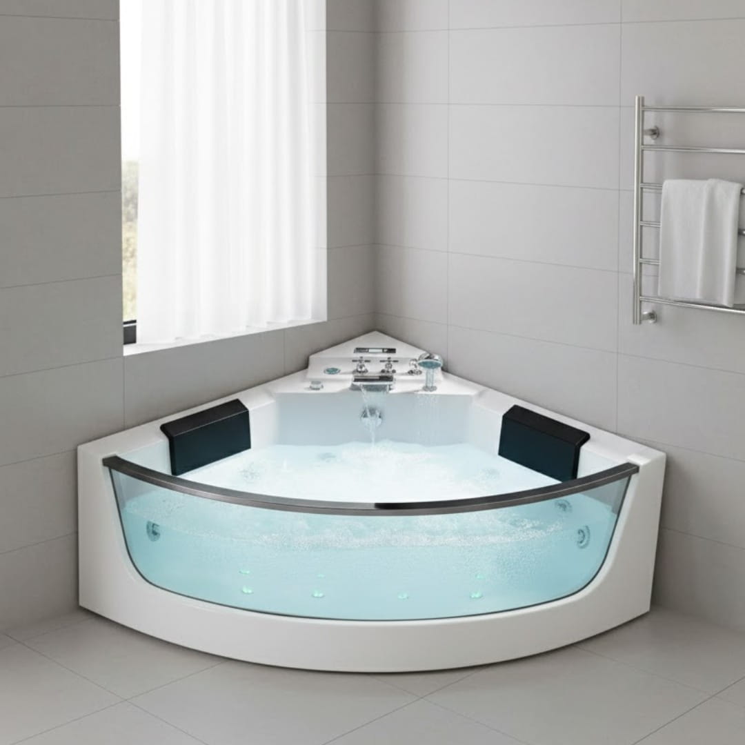 Tina de hidromasaje en esquina Santorini para dos personas. Acrílico antibacterial, hidromasaje, cromoterapia, ozonoterapia y control digital. Diseño envolvente ideal para baños modernos con instalación en esquina.