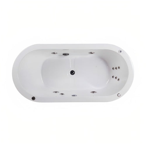 Bañera freestanding con hidromasaje para espacios pequeños. Diseño ovalado, jets terapéuticos, faldón perimetral. ¡Elige tu color ideal y relájate!