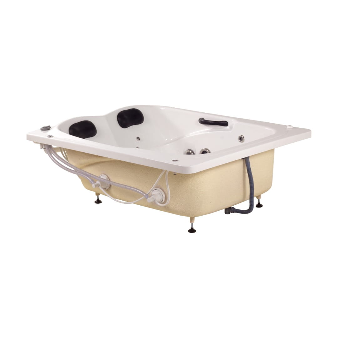 Tina de hidromasaje doble para empotrar Tapatía. Acrílico antibacterial, 2.5 HP, jets direccionales y lumbares, opción de cromoterapia y ozono. Ideal para baños residenciales de alto confort.