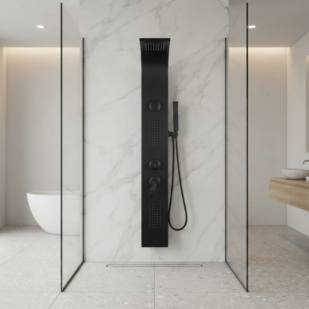 Descubre la hidroducha de lujo Mist en negro mate con Bluetooth y jets. Ingeniería superior y diseño arquitectónico en Todo Para Tu Baño.