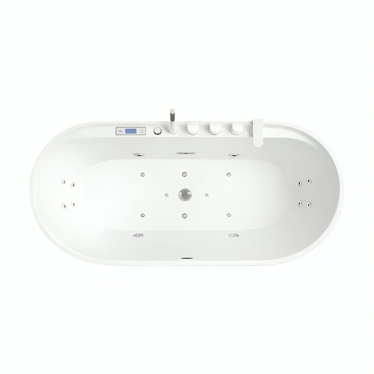 Vista cenital de la tina freestanding Maui con hidromasaje, distribución correcta de jets lumbares y direccionales, toma de succión central, luces LED interiores y control digital integrado.