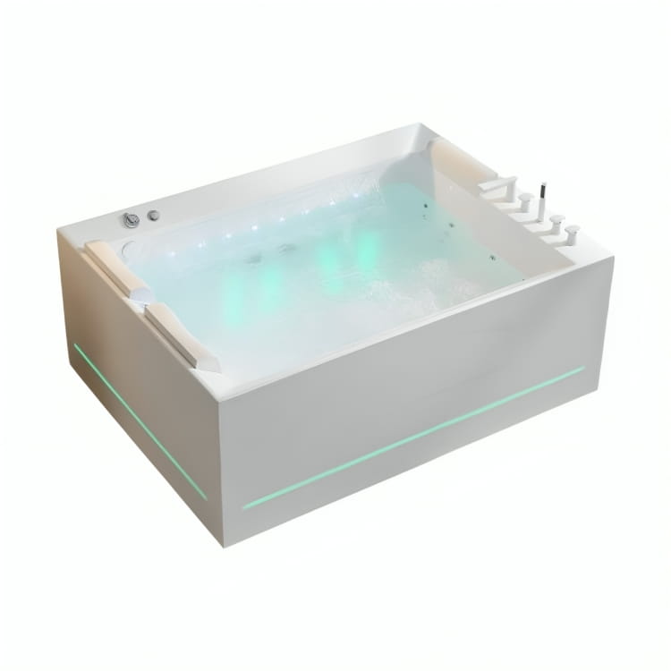 Tina de hidromasaje Mikonos con agua y cromoterapia LED encendida, mostrando sistema de jets y experiencia de spa premium.