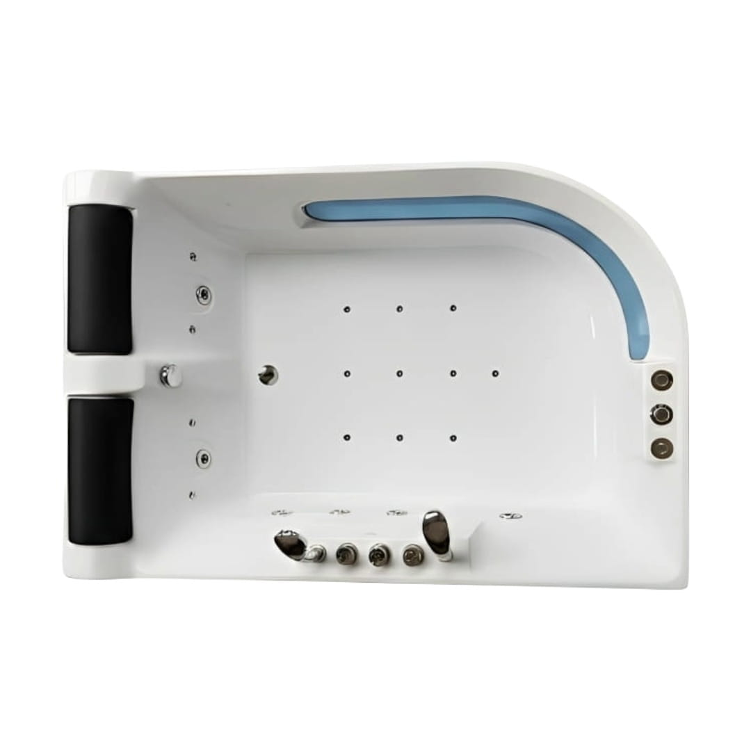Tina de hidromasaje doble Sicilia con posición derecha o izquierda. Acrílico antibacterial, sistema de hidromasaje, cromoterapia y diseño espejo para una instalación precisa. Ideal para baños modernos y proyectos residenciales de alto nivel.