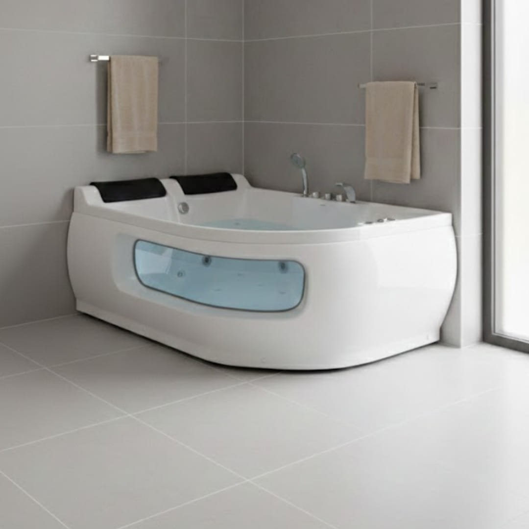 Tina de hidromasaje doble Sicilia con posición derecha o izquierda. Acrílico antibacterial, sistema de hidromasaje, cromoterapia y diseño espejo para una instalación precisa. Ideal para baños modernos y proyectos residenciales de alto nivel.