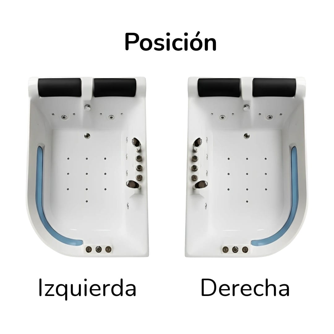 Tina de hidromasaje doble Sicilia con posición derecha o izquierda. Acrílico antibacterial, sistema de hidromasaje, cromoterapia y diseño espejo para una instalación precisa. Ideal para baños modernos y proyectos residenciales de alto nivel.