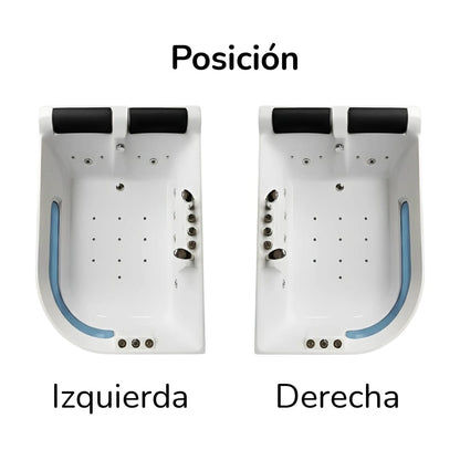Tina de hidromasaje doble Sicilia con posición derecha o izquierda. Acrílico antibacterial, sistema de hidromasaje, cromoterapia y diseño espejo para una instalación precisa. Ideal para baños modernos y proyectos residenciales de alto nivel.